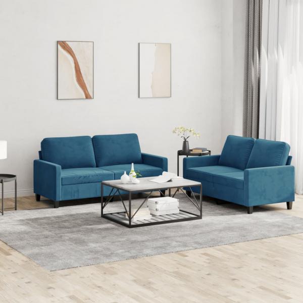 ARDEBO.de - 2-tlg. Sofagarnitur mit Kissen Blau Samt