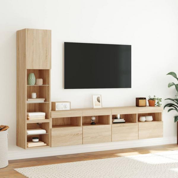 4-tlg. Wohnwand mit LED-Beleuchtung Sonoma-Eiche Holzwerkstoff