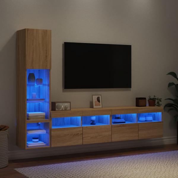 4-tlg. Wohnwand mit LED-Beleuchtung Sonoma-Eiche Holzwerkstoff