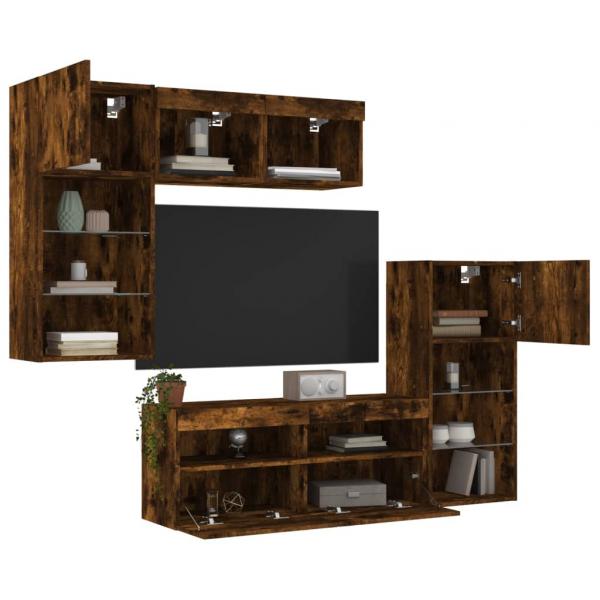 ARDEBO.de - 5-tlg. Wohnwand mit LED-Beleuchtung Räuchereiche Holzwerkstoff