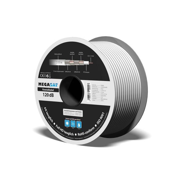 Megasat Koaxialkabel, 4-fach Abgeschirmt, 120dB Cu/St.CCS1, 1mm, 100m Ring (100066)