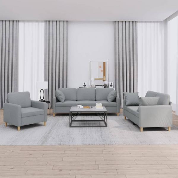ARDEBO.de - 3-tlg. Sofagarnitur mit Kissen Hellgrau Stoff