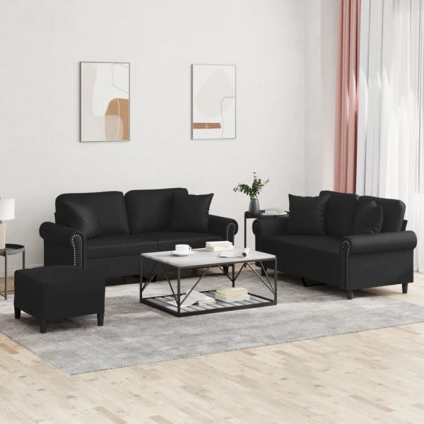 ARDEBO.de - 3-tlg. Sofagarnitur mit Kissen Schwarz Kunstleder