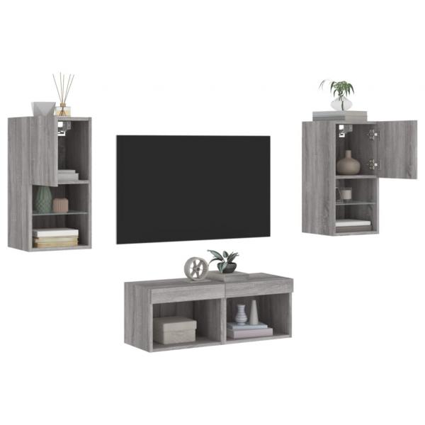 ARDEBO.de - 4-tlg. TV-Wohnwand mit LED-Leuchten Grau Sonoma