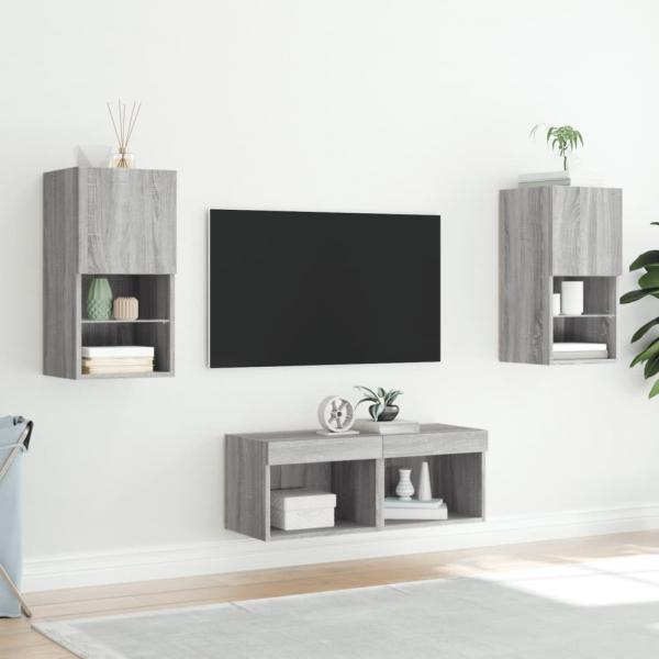 4-tlg. TV-Wohnwand mit LED-Leuchten Grau Sonoma