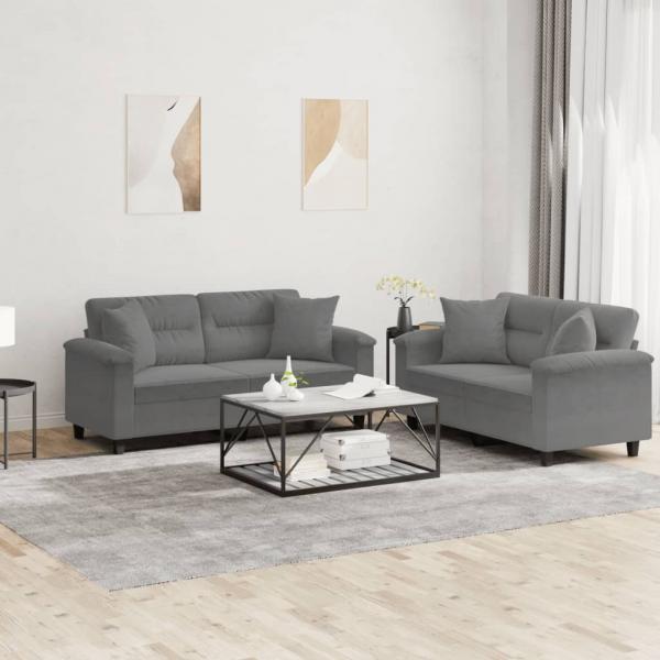 ARDEBO.de - 2-tlg. Sofagarnitur mit Kissen Dunkelgrau Mikrofasergewebe