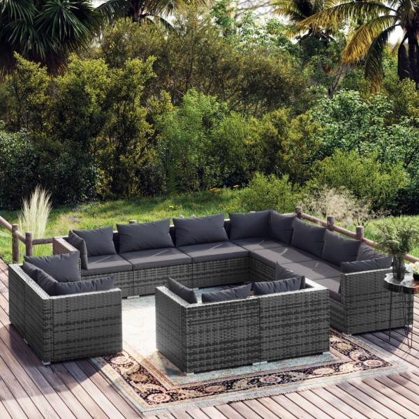 ARDEBO.de - 11-tlg. Garten-Lounge-Set mit Kissen Grau Poly Rattan