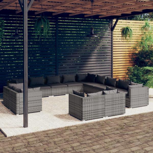 ARDEBO.de - 13-tlg. Garten-Lounge-Set mit Kissen Grau Poly Rattan