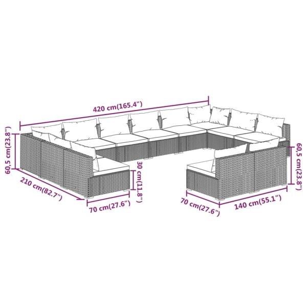 12-tlg. Garten-Lounge-Set mit Kissen Grau Poly Rattan