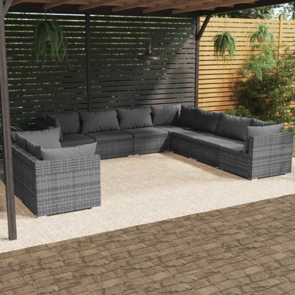 ARDEBO.de - 9-tlg. Garten-Lounge-Set mit Kissen Grau Poly Rattan