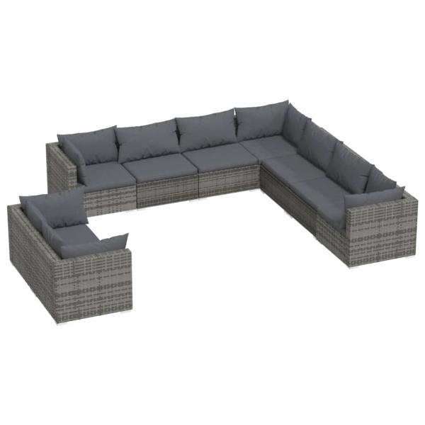 9-tlg. Garten-Lounge-Set mit Kissen Grau Poly Rattan