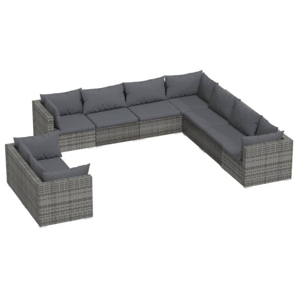 9-tlg. Garten-Lounge-Set mit Kissen Grau Poly Rattan