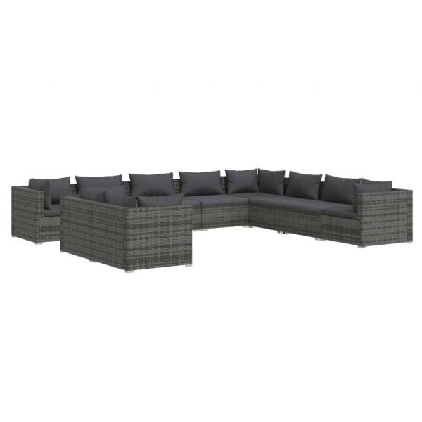 10-tlg. Garten-Lounge-Set mit Kissen Grau Poly Rattan