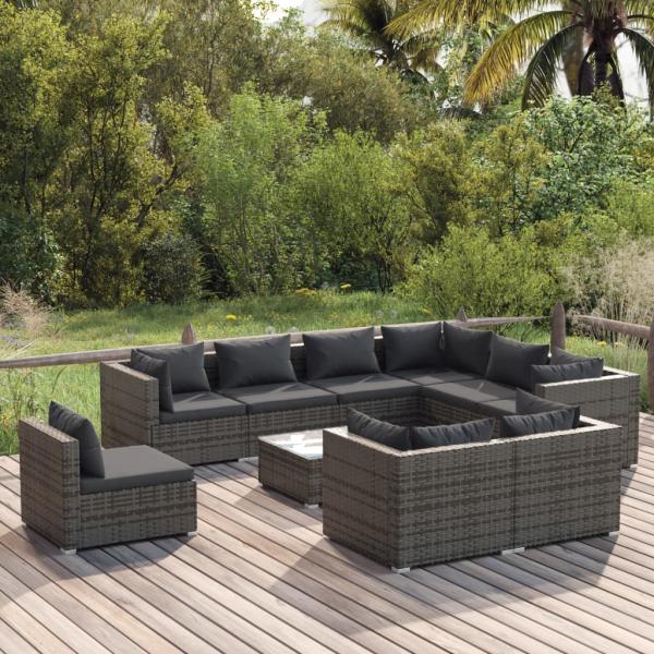 ARDEBO.de - 10-tlg. Garten-Lounge-Set mit Kissen Poly Rattan Grau