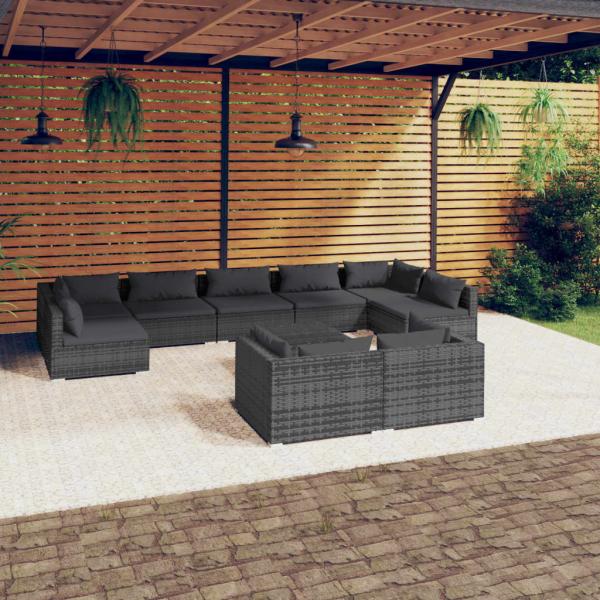 ARDEBO.de - 10-tlg. Garten-Lounge-Set mit Kissen Grau Poly Rattan