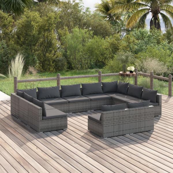 ARDEBO.de - 11-tlg. Garten-Lounge-Set mit Kissen Grau Poly Rattan