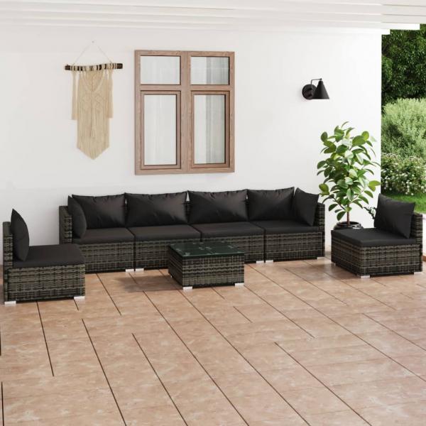 ARDEBO.de - 7-tlg. Garten-Lounge-Set mit Kissen Poly Rattan Grau