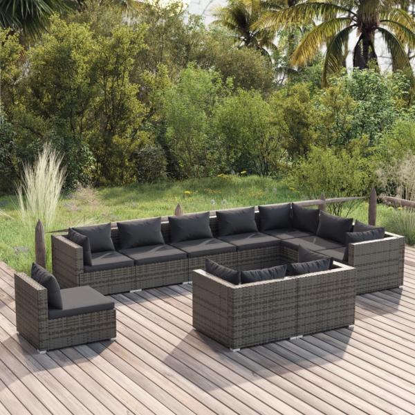 ARDEBO.de - 10-tlg. Garten-Lounge-Set mit Kissen Poly Rattan Grau