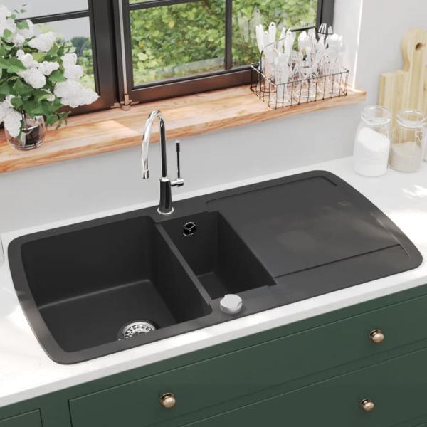 Granit Spülbecken Doppelbecken Schwarz 