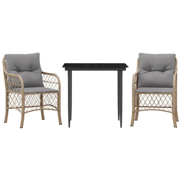 3-tlg. Bistro-Set mit Kissen Beigemischung Poly Rattan