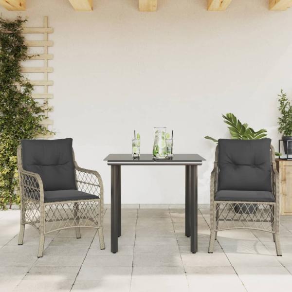 ARDEBO.de - 3-tlg. Bistro-Set mit Kissen Hellgrau Poly Rattan