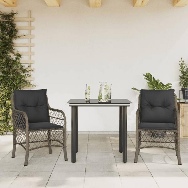 ARDEBO.de - 3-tlg. Bistro-Set mit Kissen Grau Poly Rattan
