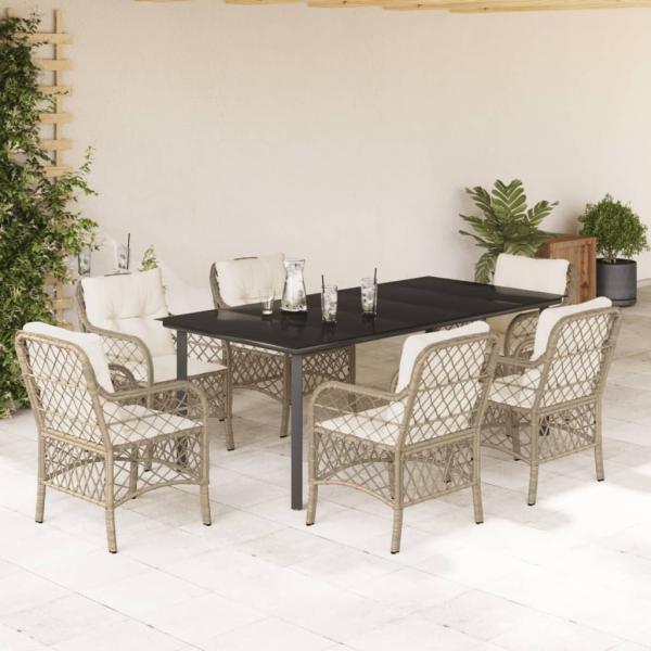ARDEBO.de - 7-tlg. Garten-Essgruppe mit Kissen Beige Poly Rattan