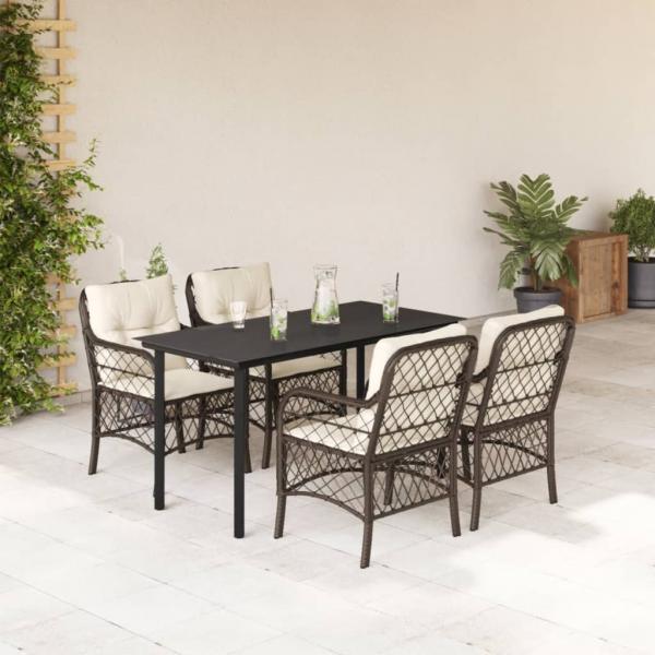 ARDEBO.de - 5-tlg. Garten-Essgruppe mit Kissen Braun Poly Rattan