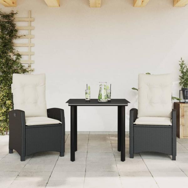 ARDEBO.de - 3-tlg. Garten-Essgruppe mit Kissen Schwarz Poly Rattan