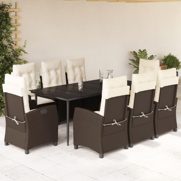 ARDEBO.de - 9-tlg. Garten-Essgruppe mit Kissen Braun Poly Rattan