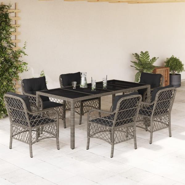 ARDEBO.de - 7-tlg. Garten-Essgruppe mit Kissen Grau Poly Rattan