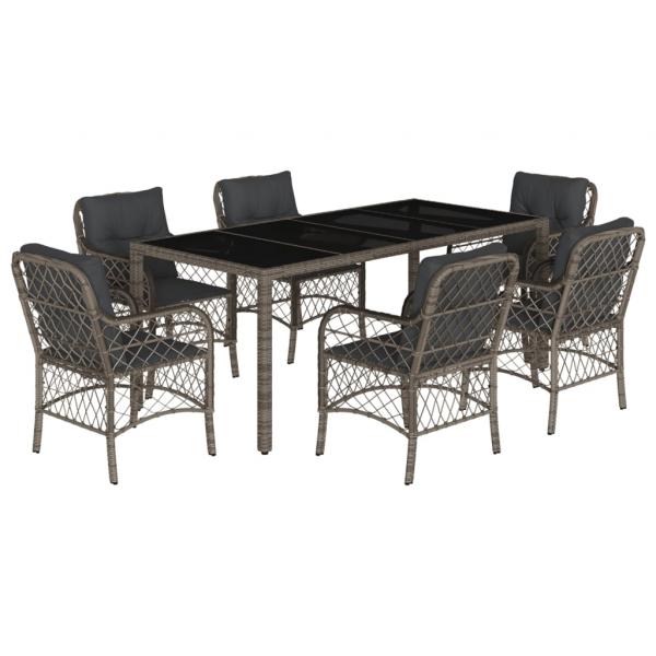 7-tlg. Garten-Essgruppe mit Kissen Grau Poly Rattan