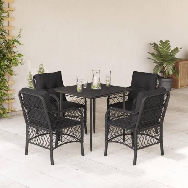 ARDEBO.de - 5-tlg. Garten-Essgruppe mit Kissen Schwarz Poly Rattan