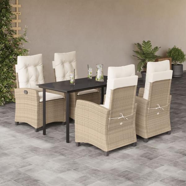 ARDEBO.de - 5-tlg. Garten-Essgruppe mit Kissen Beige Poly Rattan