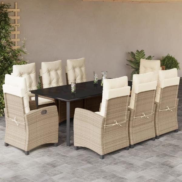 ARDEBO.de - 9-tlg. Garten-Essgruppe mit Kissen Beige Poly Rattan