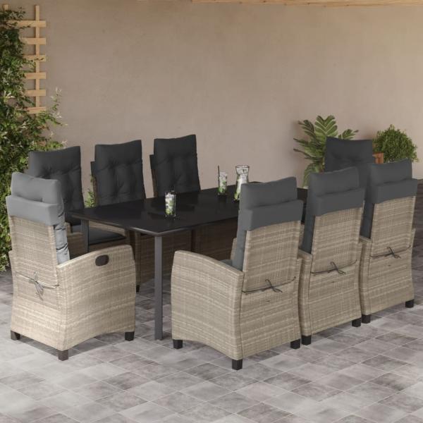 ARDEBO.de - 9-tlg. Garten-Essgruppe mit Kissen Hellgrau Poly Rattan