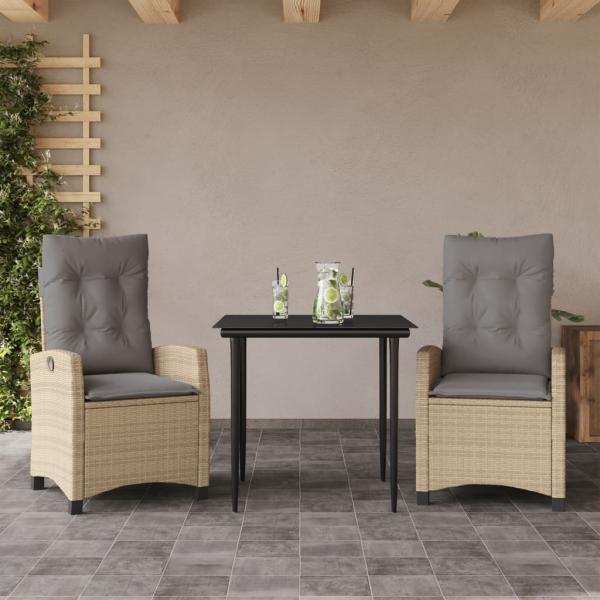 ARDEBO.de - 3-tlg. Garten-Essgruppe mit Kissen Beigemischung Poly Rattan