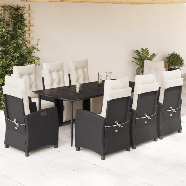 ARDEBO.de - 9-tlg. Garten-Essgruppe mit Kissen Schwarz Poly Rattan