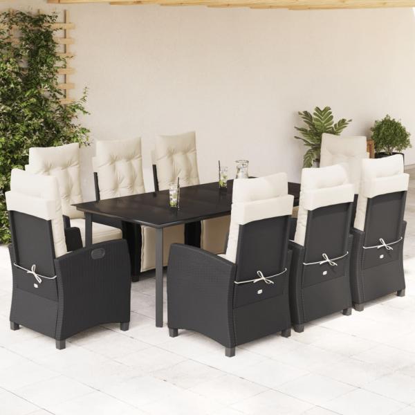 ARDEBO.de - 9-tlg. Garten-Essgruppe mit Kissen Schwarz Poly Rattan