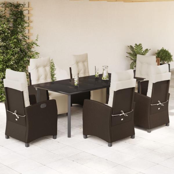 ARDEBO.de - 7-tlg. Garten-Essgruppe mit Kissen Braun Poly Rattan
