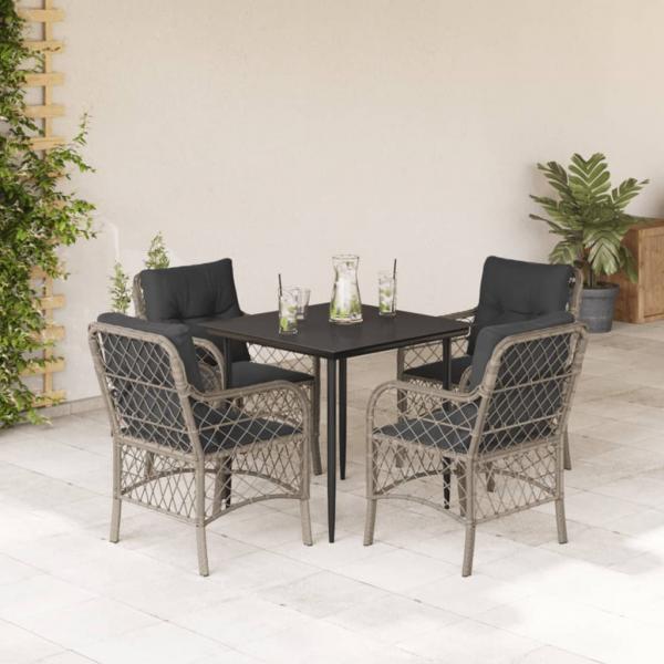 ARDEBO.de - 5-tlg. Garten-Essgruppe mit Kissen Hellgrau Poly Rattan
