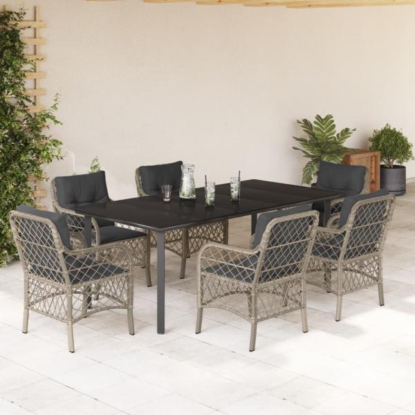 ARDEBO.de - 7-tlg. Garten-Essgruppe mit Kissen Hellgrau Poly Rattan