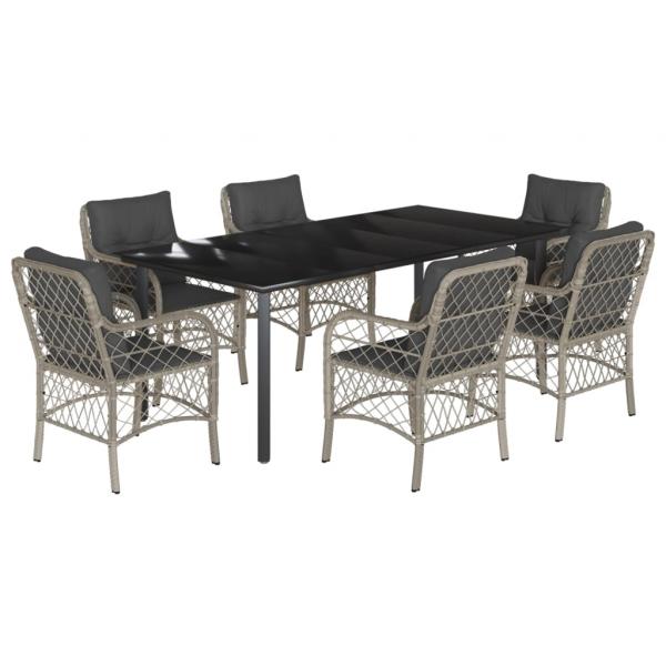 7-tlg. Garten-Essgruppe mit Kissen Hellgrau Poly Rattan