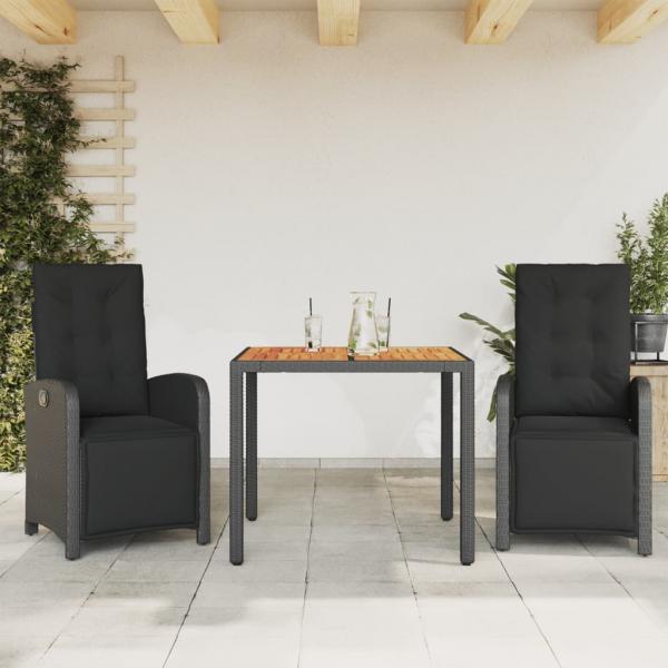 ARDEBO.de - 3-tlg. Bistro-Set mit Kissen Schwarz Poly Rattan
