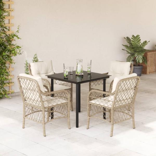 ARDEBO.de - 5-tlg. Garten-Essgruppe mit Kissen Beige Poly Rattan