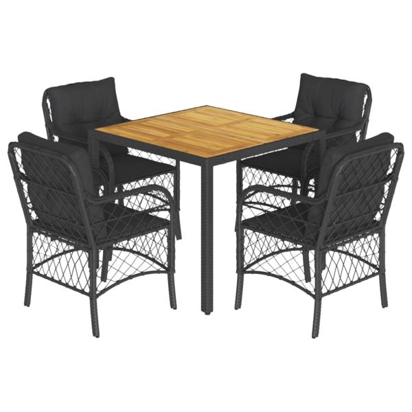 5-tlg. Garten-Essgruppe mit Kissen Schwarz Poly Rattan