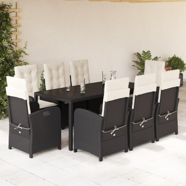 ARDEBO.de - 9-tlg. Garten-Essgruppe mit Kissen Schwarz Poly Rattan