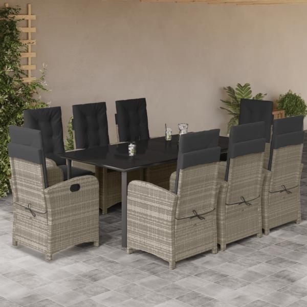 ARDEBO.de - 9-tlg. Garten-Essgruppe mit Kissen Hellgrau Poly Rattan