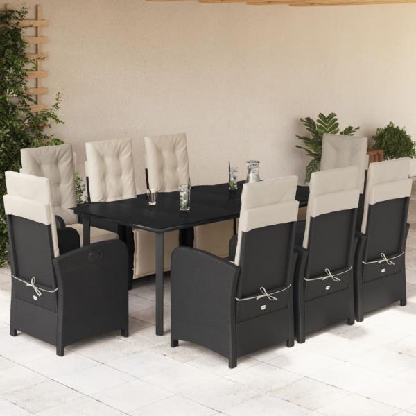 ARDEBO.de - 9-tlg. Garten-Essgruppe mit Kissen Schwarz Poly Rattan