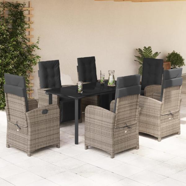 ARDEBO.de - 7-tlg. Garten-Essgruppe mit Kissen Grau Poly Rattan